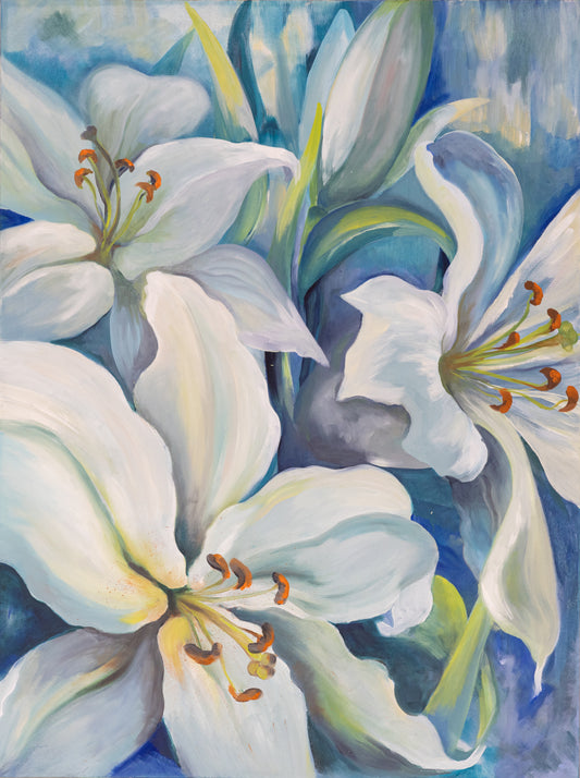 White lilies on a rainy day